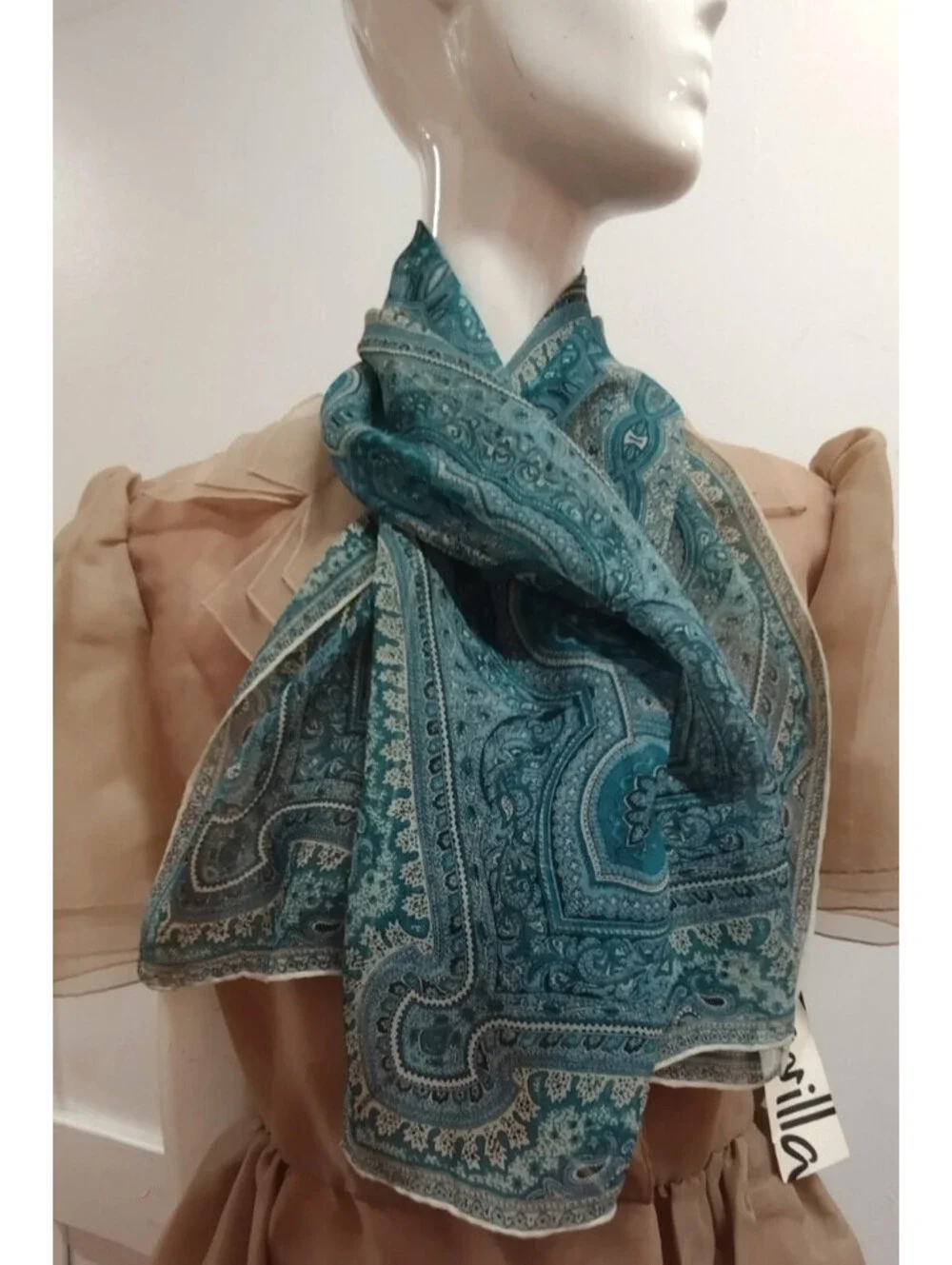 Vintage 50s 60s Silk Chiffon Scarf  Big Indian Paisley Teal Green Wide Oblong
